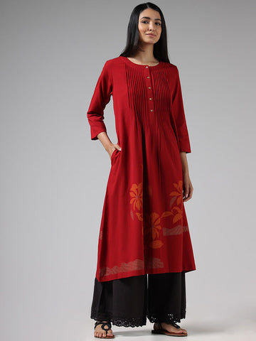 Dark Red Floral Print Bamboo Silk Princess Cut Kurti with Two Side Pocket