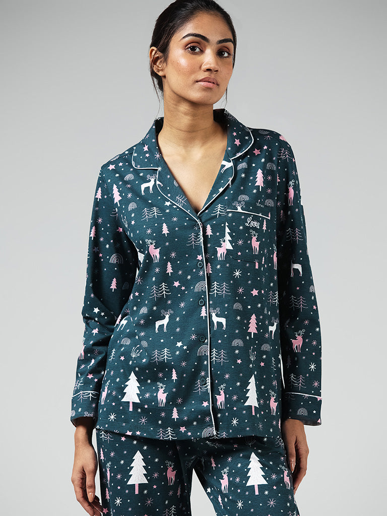 Wunderlove Green Reindeer Printed Shirt and Pyjamas Set – Cherrypick