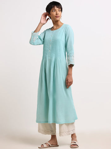 Utsa Blue Pleated A-Line Cotton Kurta