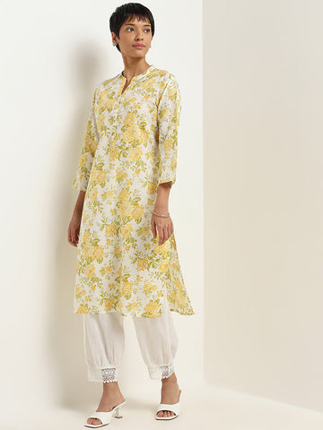 Utsa Yellow Floral Print Cotton Kurta