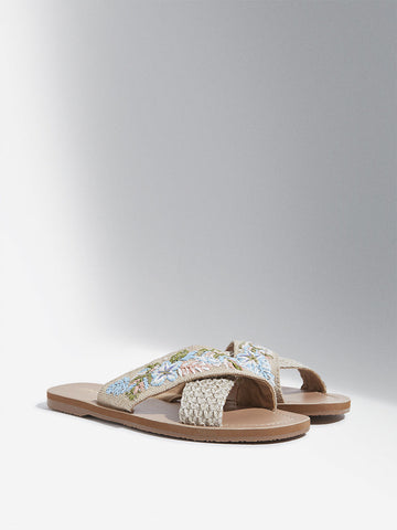 LUNA BLU Blue Floral Embroidered Slides