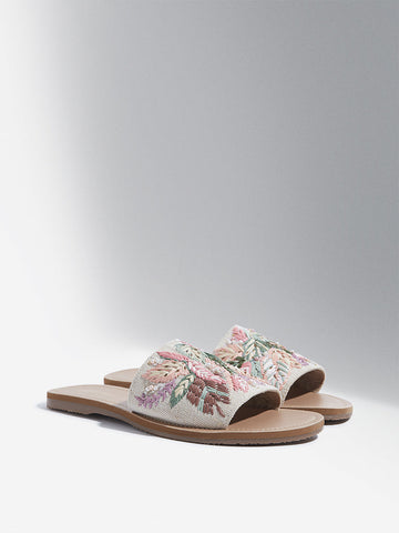 LUNA BLU Multicolour Floral Embroidered Raffia Slides