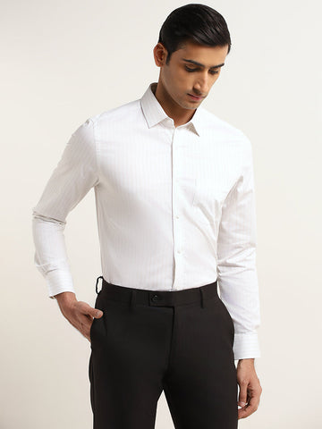 WES Formals Beige Striped Slim Fit Shirt