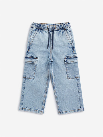 HOP Kids Blue Washed Mid Rise Relaxed Fit Jeans