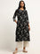 Utsa Black Floral Print Blended Linen Kurta