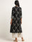 Utsa Black Floral Print Blended Linen Kurta