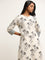 Utsa Off-White Floral Print Blended Linen Kurta