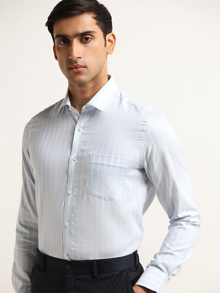 WES Formals Light Blue Striped Design Cotton Slim Fit Shirt