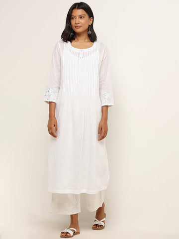 Utsa White Pintuck Detailed A-line Kurta