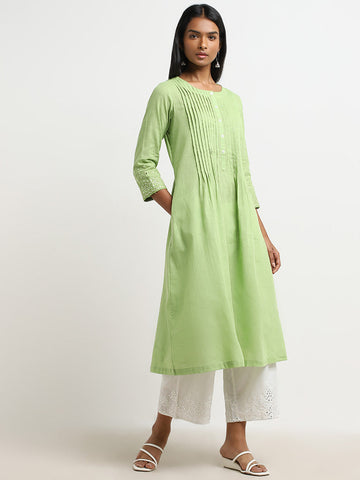 Utsa Green Pintuck Detailed A-Line Kurta