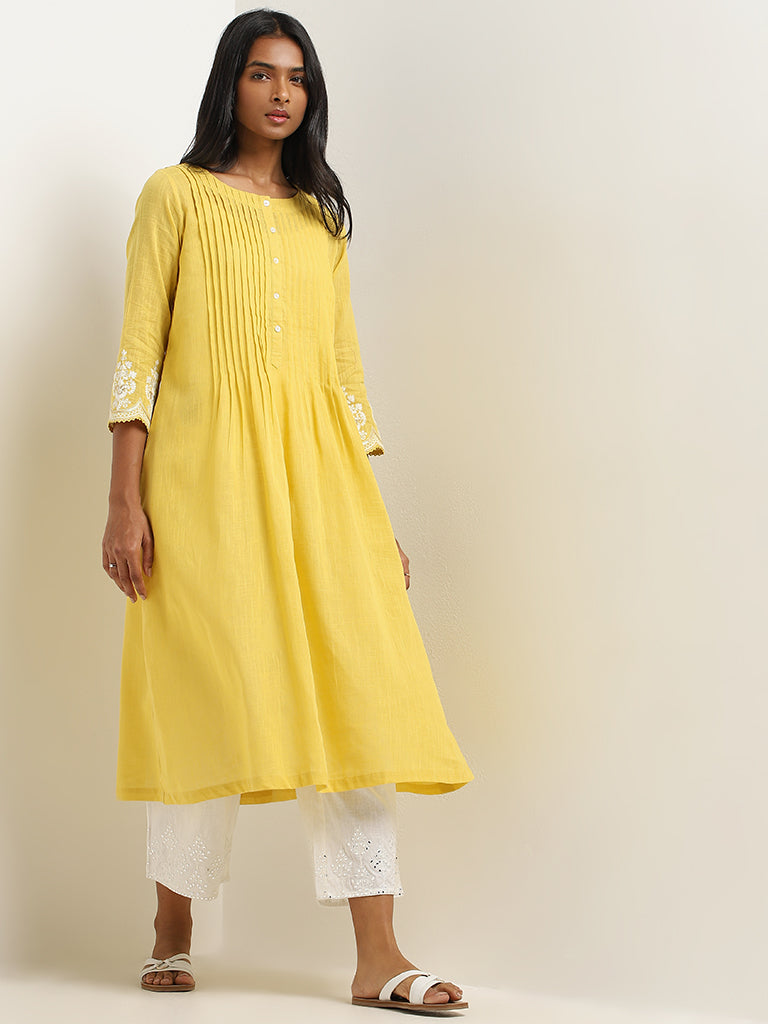 Utsa Yellow Pintuck Design A-Line Cotton Kurta