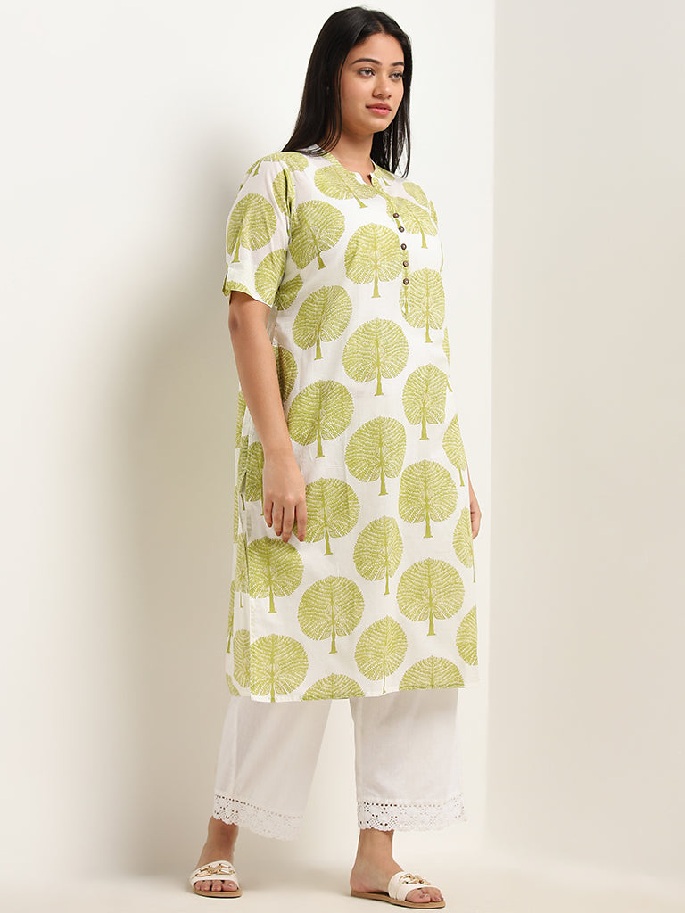 Diza Lime Foliage Printed Straight Cotton Kurta