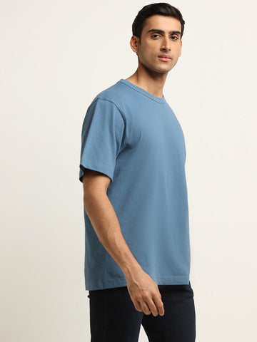 WES Casuals Blue Cotton Relaxed Fit T-Shirt