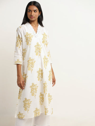 Utsa Yellow Foliage Printed A-Line Cotton Kurta