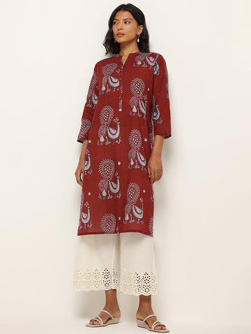 Utsa Maroon Straight Fit Printed Cotton Kurta