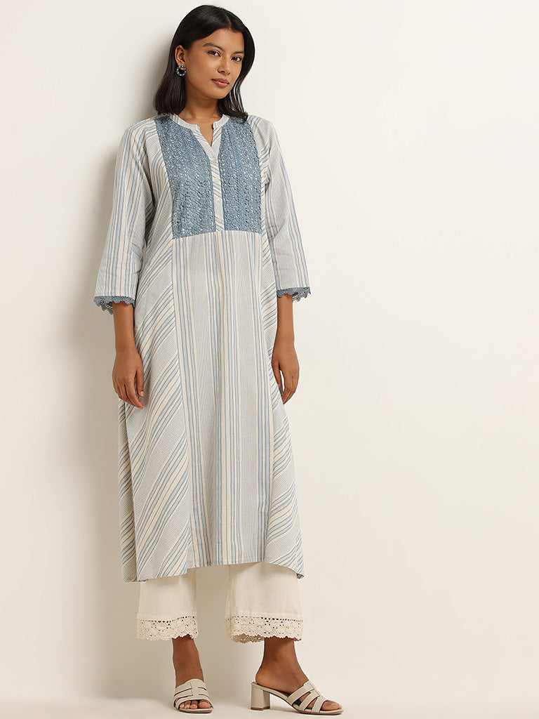 Utsa Blue Lace Design Blended Linen A-Line Kurta