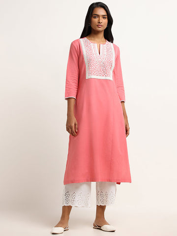 Utsa Pink Mirror Cotton Blend Embroidered Kurta