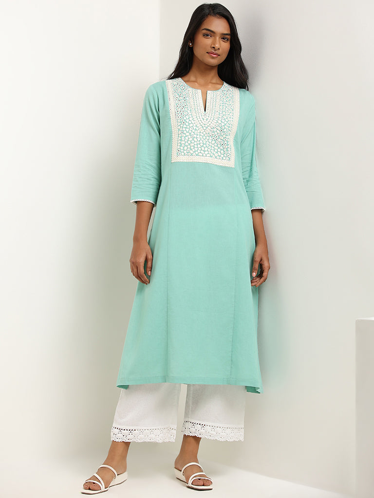 Utsa Turquoise Mirror Embroidered Blended Linen Kurta