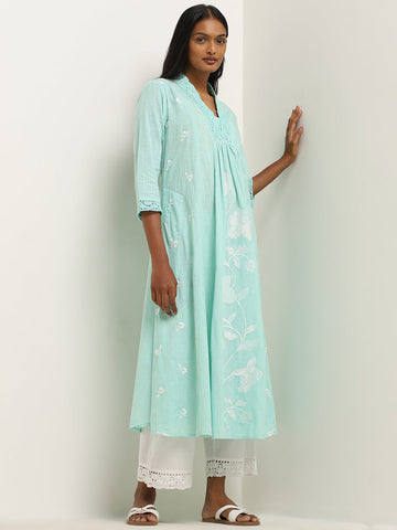 Utsa Turquoise Floral Embroidered A-Line Cotton Kurta