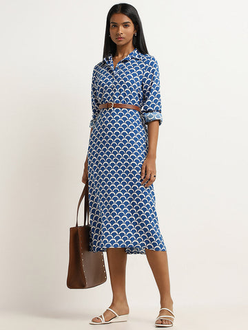 Wardrobe Indigo Geometric A-Line Dress with Brown Belt