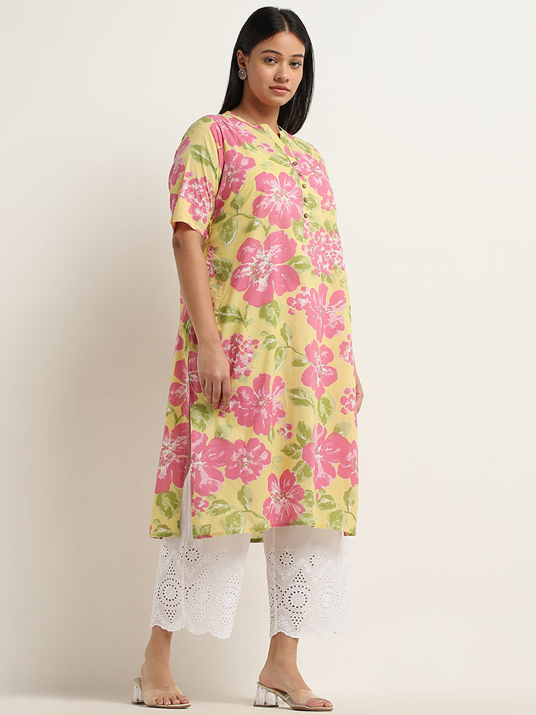 Diza Yellow Floral Printed Straight Cotton Kurta