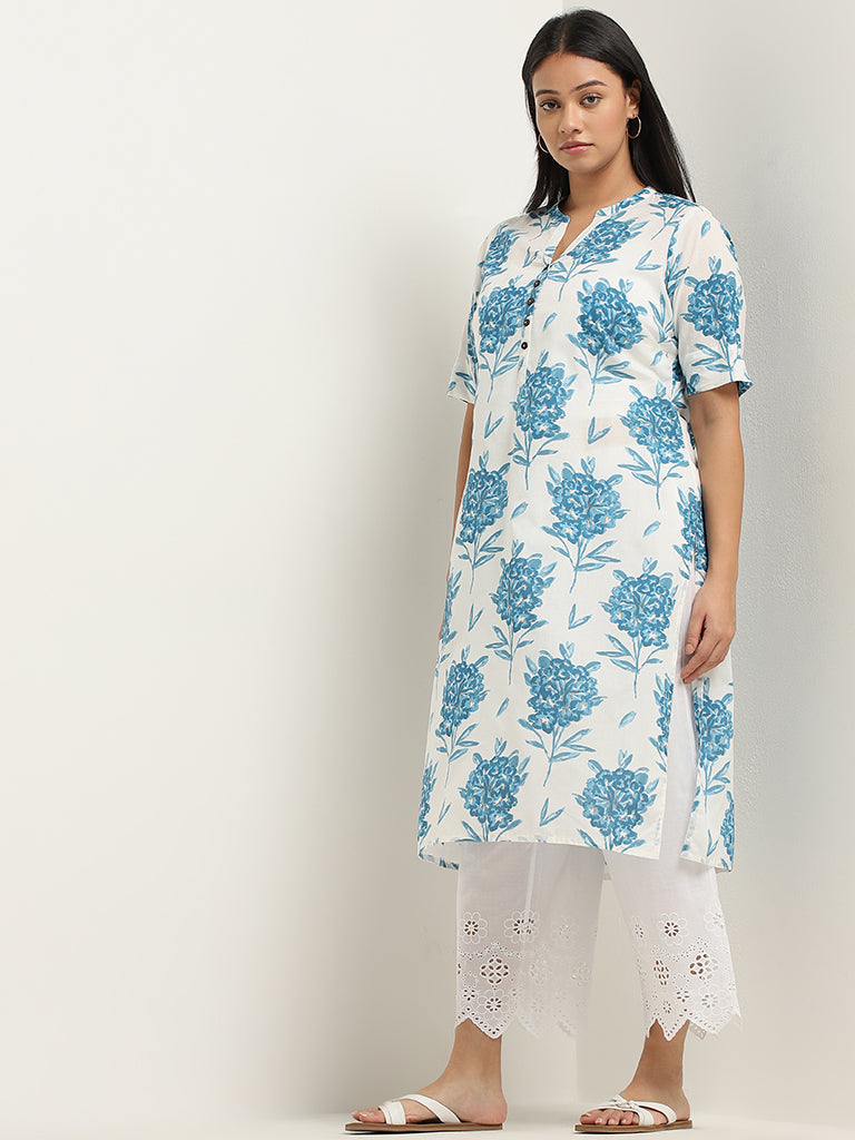 Diza Blue Floral Design Straight Cotton Kurta