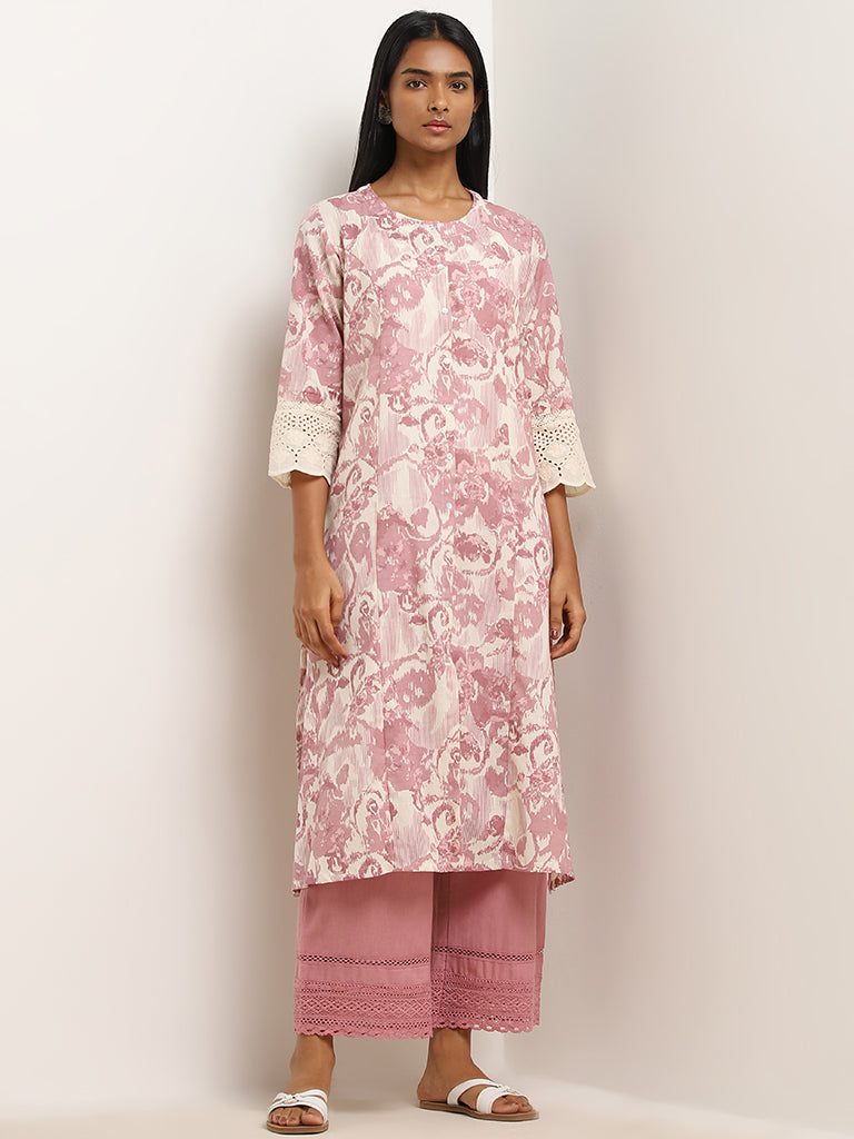 Utsa Purple Ikat Printed A-Line Cotton Blend Kurta