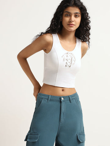 Nuon White Cotton Blend Lace-Up Crop Top