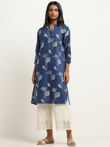 Utsa Indigo Surkhab Printed Straight Cotton Kurta