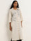 Utsa Light Beige Embroidered A-Line Cotton Blend Kurta