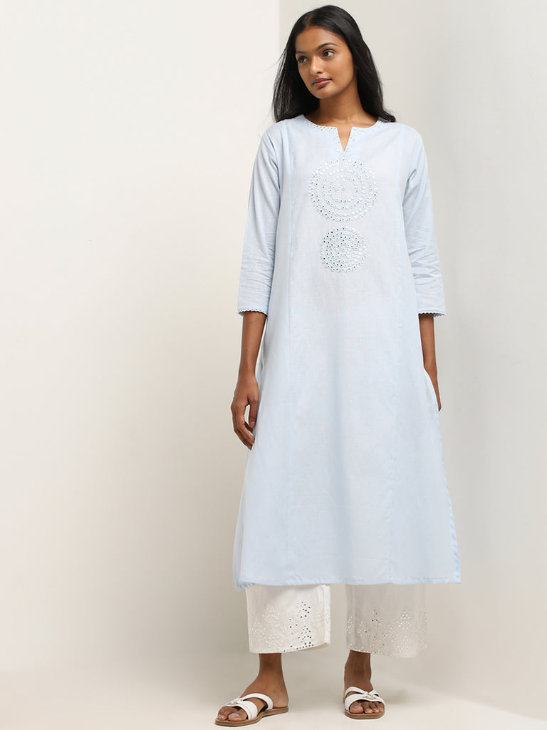 Utsa Light Blue Mirror Detailed A-Line Cotton Blend Kurta