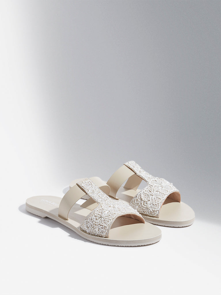 LUNA BLU Ivory Embellished T-Strap Slides