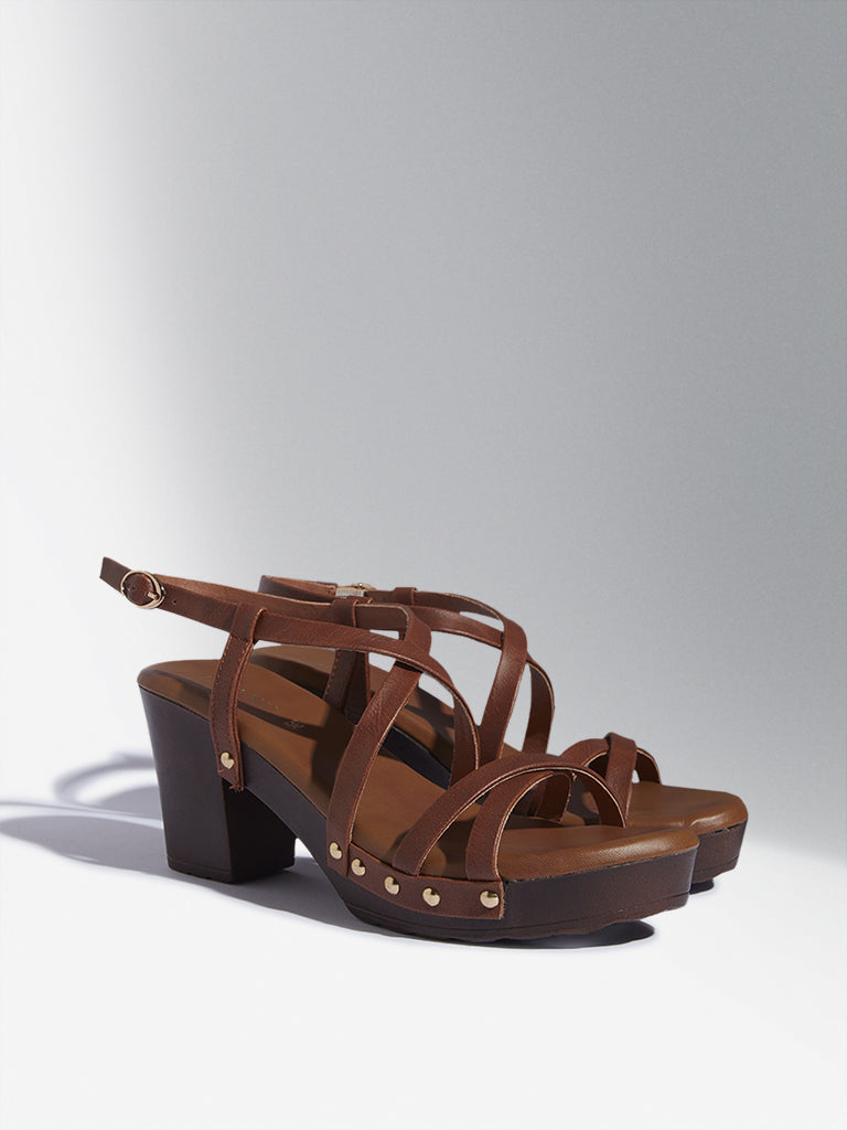 LUNA BLU Tan Multi-Strap Block Heel Sandals