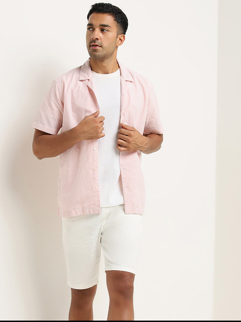 WES Casuals Coral Stripe Pattern Relaxed-Fit Cotton Shirt