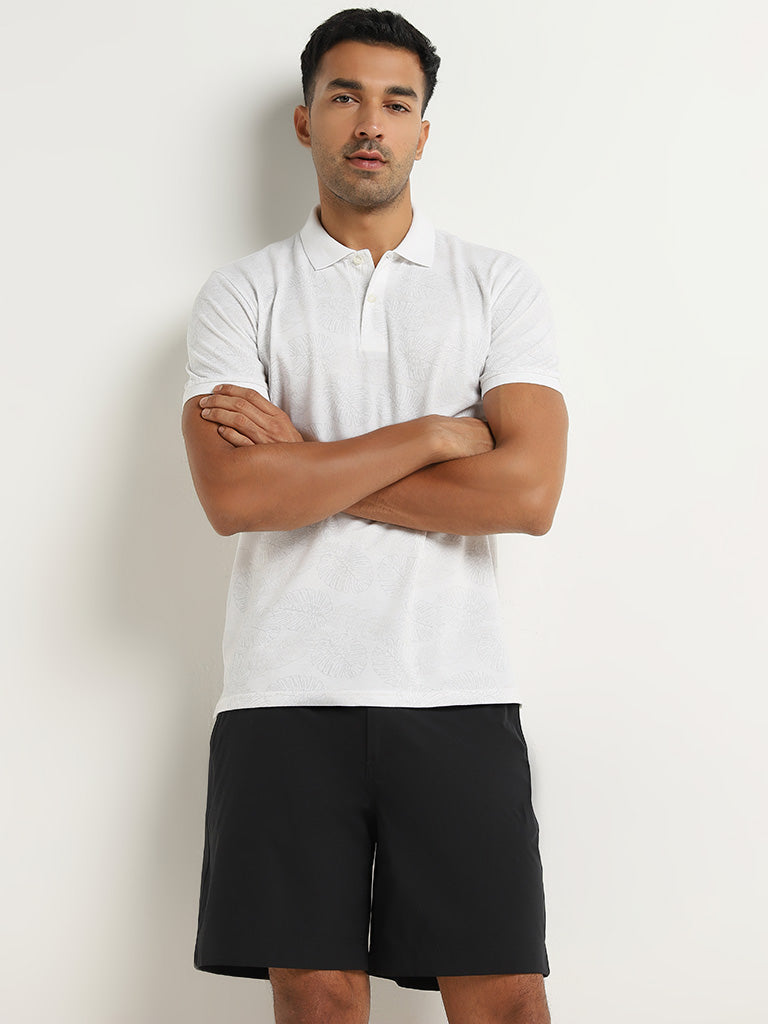 WES Casuals Light Grey Leaf-Printed Slim Fit Polo T-Shirt