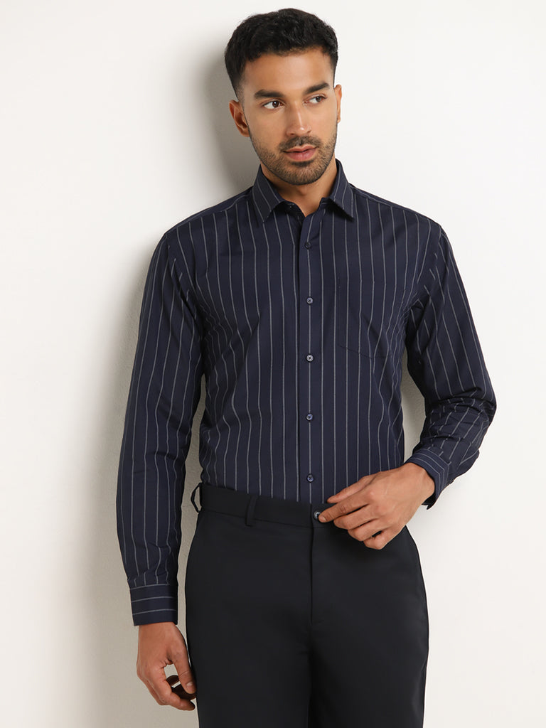 WES Formals Navy Striped Relaxed Fit Shirt