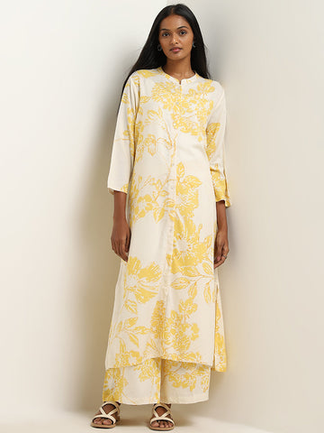 Utsa Yellow Floral Printed A-Line Kurta