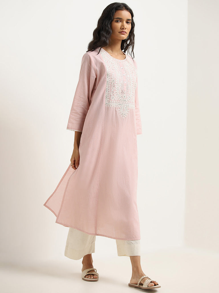 Utsa Pink Embroidered Cotton A-Line Kurta