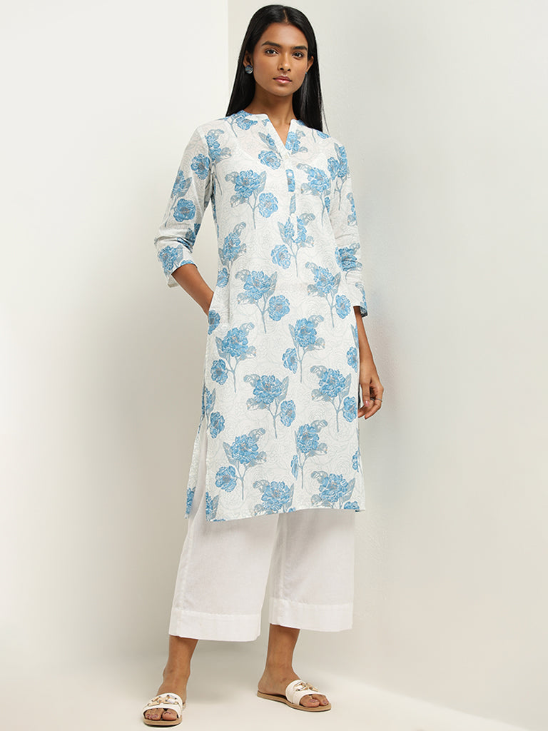 Utsa Blue Floral Printed Straight Cotton Kurta