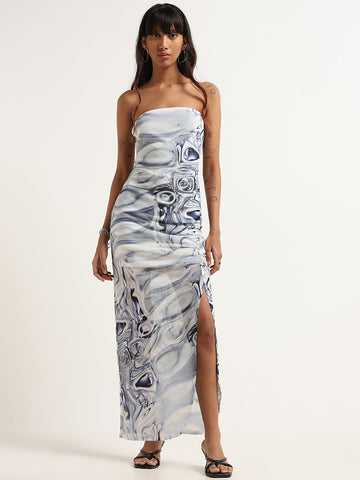 Nuon Blue Marble Print Strapless Dress