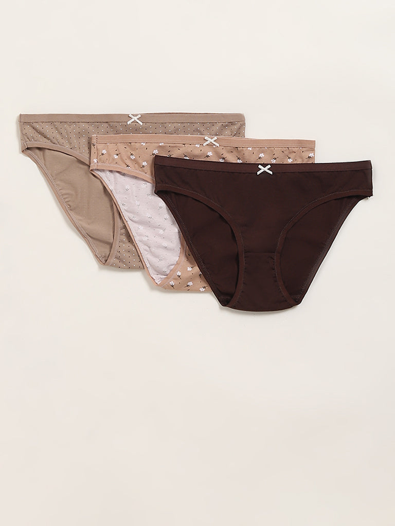 Wunderlove Light Taupe Printed Bikini Briefs - Pack of 3