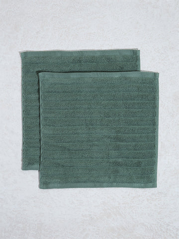 Westside Home Dark Green Self-Striped Luxe Ripple Face Towels (Set of 2)