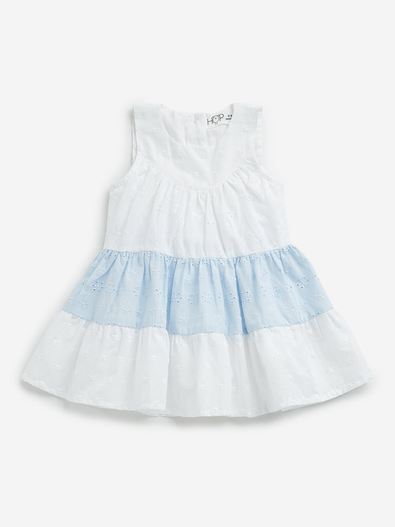 HOP Baby White Schiffli Design Tiered Cotton Dress