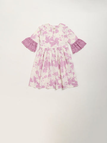 Utsa Kids Lilac Floral Printed A-Line Cotton Blend Dress (2 - 8yrs)