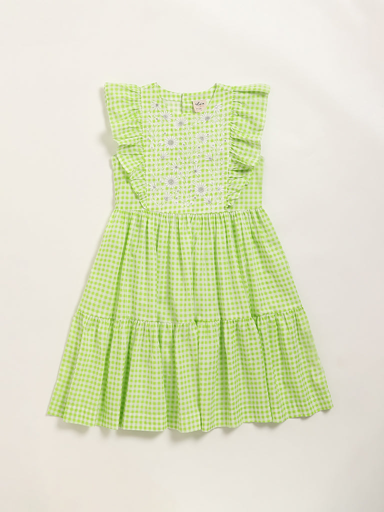 Utsa Kids Green Gingham Checkered Tiered Cotton Dress (8 -14yrs)