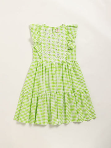 Utsa Kids Green Gingham Checkered Tiered Cotton Dress (8 -14yrs)