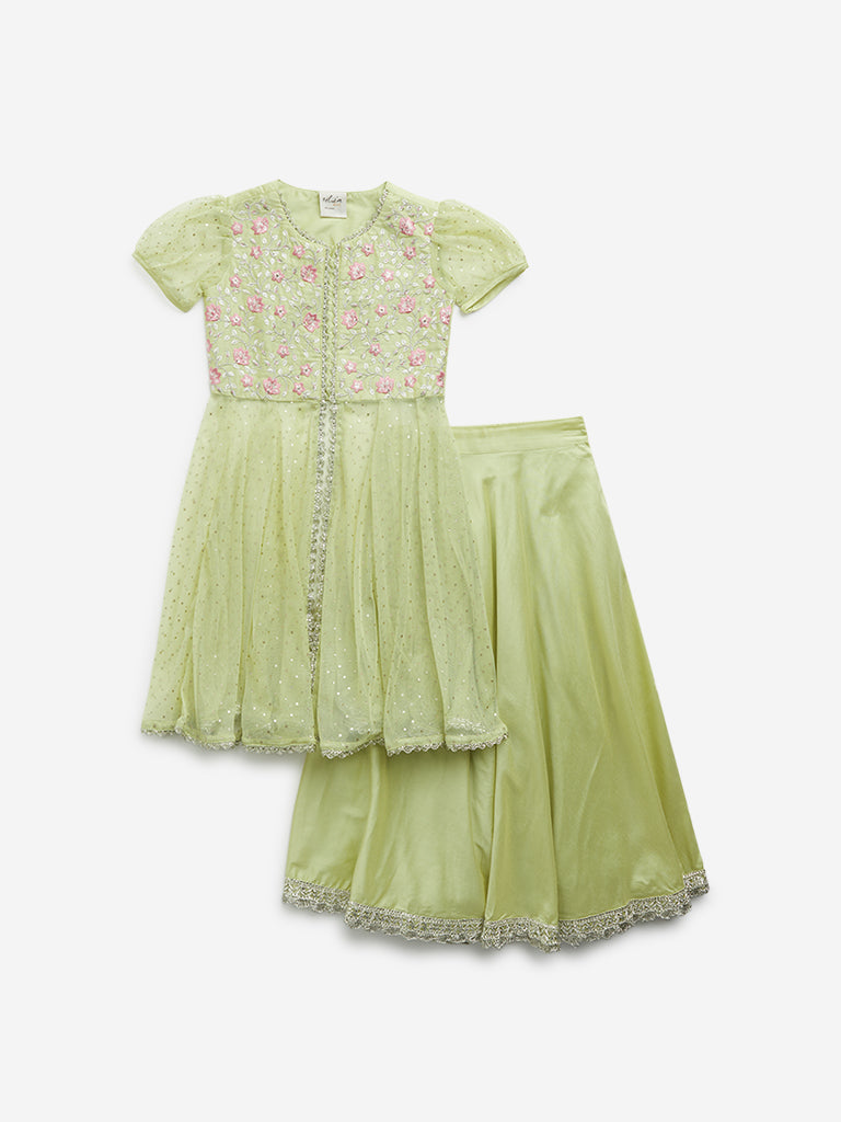 Utsa Kids Lime Floral Embroidered Kurta with Skirt Set