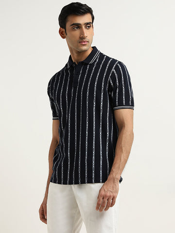 WES Casuals Navy Striped Slim-Fit Polo T-Shirt