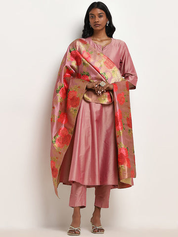 Vark Peach Floral Printed A-Line Kurta, Pants & Dupatta Set