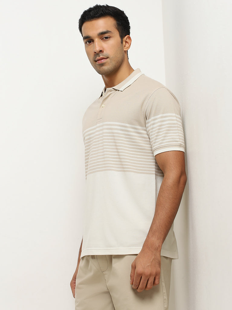 WES Casuals Beige Striped Relaxed-Fit Polo T-Shirt